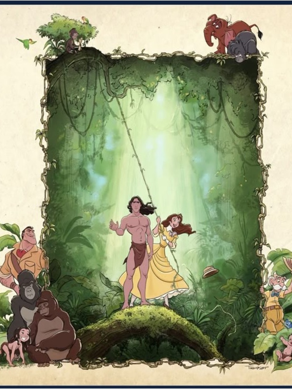 Disney Jungle Scene Art Print - Green, Yellow, Brown